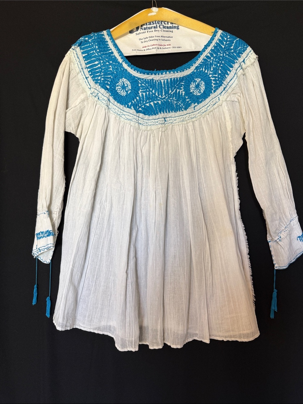 Bohemian White Peasant Top with Turquoise Embroidery